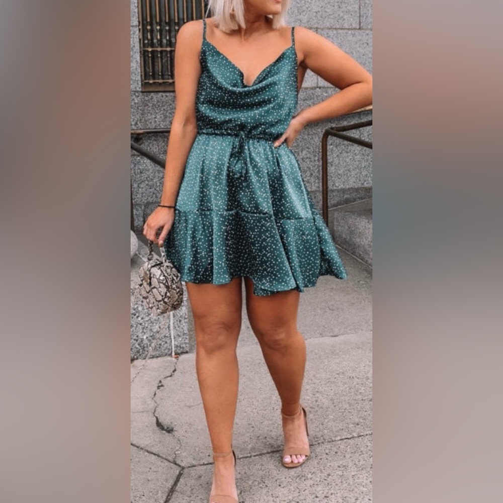 Goodnight Macaroon Cowl Neck Forest Green Dress with White Dots